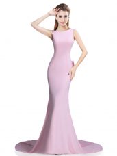 Sleeveless Elastic Woven Satin Brush Train Clasp Handle Homecoming Dress in Pink with Beading and Bowknot