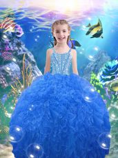Superior Straps Sleeveless Little Girl Pageant Gowns Floor Length Beading and Ruffles Baby Blue Organza