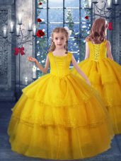 Lovely Gold Lace Up Girls Pageant Dresses Ruffled Layers Sleeveless Floor Length