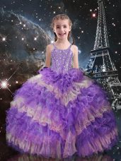 New Arrival Ball Gowns Kids Formal Wear Lilac Straps Organza Sleeveless Floor Length Lace Up