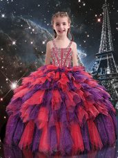 Coral Red Pageant Gowns For Girls Quinceanera and Wedding Party with Beading and Ruffles Straps Sleeveless Lace Up