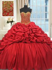 Ideal Red Ball Gowns Taffeta Sweetheart Sleeveless Beading and Pick Ups Lace Up Quinceanera Gown Brush Train
