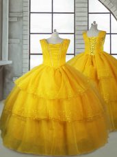 Pretty Floor Length Gold Child Pageant Dress V-neck Sleeveless Lace Up