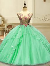 Amazing Floor Length Green Quinceanera Gown Tulle Sleeveless Appliques