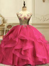 Ball Gowns Quinceanera Dress Hot Pink Scoop Organza Sleeveless Floor Length Lace Up