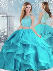 Dynamic Aqua Blue Quinceanera Gown Military Ball and Sweet 16 and Quinceanera with Beading and Ruffles Scoop Sleeveless Clasp Handle