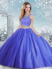 Blue Vestidos de Quinceanera Military Ball and Sweet 16 and Quinceanera with Beading and Sequins Scoop Sleeveless Clasp Handle