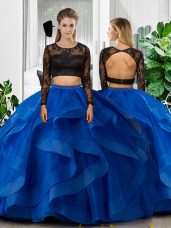 Simple Floor Length Blue Quince Ball Gowns Scoop Long Sleeves Backless