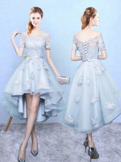 Lovely Light Blue A-line Tulle Off The Shoulder Short Sleeves Lace High Low Lace Up Dama Dress