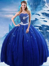 Adorable Sleeveless Tulle Floor Length Lace Up Sweet 16 Dress in Royal Blue with Beading