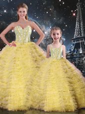 Flirting Yellow Tulle Lace Up Sweetheart Sleeveless Floor Length Ball Gown Prom Dress Beading and Ruffles