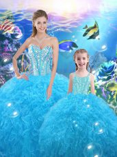 Traditional Baby Blue Ball Gown Prom Dress Military Ball and Sweet 16 and Quinceanera with Beading and Ruffles Sweetheart Sleeveless Lace Up