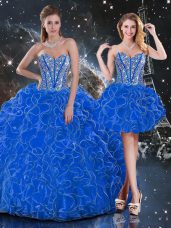 Blue Organza Lace Up Sweetheart Sleeveless Floor Length Sweet 16 Dresses Beading and Ruffles