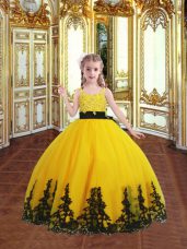 Trendy Gold Sleeveless Lace and Appliques Floor Length Pageant Gowns For Girls