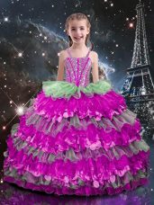 Great Sleeveless Lace Up Floor Length Beading and Ruffled Layers Little Girls Pageant Gowns