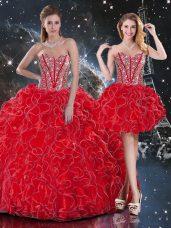 Beading and Ruffles Sweet 16 Quinceanera Dress Wine Red Lace Up Sleeveless Floor Length