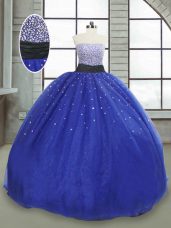 Amazing Royal Blue Strapless Neckline Beading and Sequins Sweet 16 Dress Sleeveless Lace Up