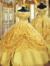 Gold Ball Gowns Beading and Appliques and Hand Made Flower Quinceanera Gowns Lace Up Tulle Sleeveless Floor Length