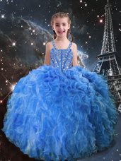 Baby Blue Sleeveless Beading and Ruffles Floor Length Little Girls Pageant Gowns