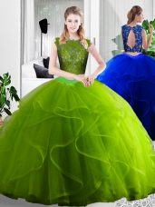 Olive Green Two Pieces Scoop Sleeveless Tulle Floor Length Zipper Lace and Ruffles Vestidos de Quinceanera