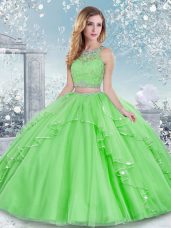 Two Pieces Beading and Lace Quince Ball Gowns Clasp Handle Tulle Sleeveless Floor Length