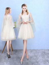 Knee Length Champagne Wedding Guest Dresses Square Half Sleeves Lace Up
