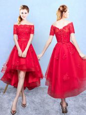 Trendy Wine Red Half Sleeves High Low Appliques Lace Up Wedding Party Dress