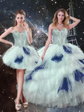 High End Blue And White Sleeveless Floor Length Beading and Ruffled Layers and Sequins Lace Up Vestidos de Quinceanera