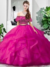 Latest Hot Pink Lace Up Off The Shoulder Lace and Ruffles Sweet 16 Quinceanera Dress Tulle Sleeveless