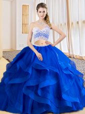 New Style Royal Blue One Shoulder Neckline Beading and Ruffles Sweet 16 Quinceanera Dress Sleeveless Criss Cross