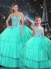 Comfortable Turquoise Ball Gowns Sweetheart Sleeveless Organza Floor Length Lace Up Ruffled Layers Sweet 16 Quinceanera Dress