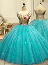 Aqua Blue Tulle Lace Up Scoop Sleeveless Floor Length 15th Birthday Dress Appliques and Sequins