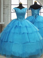 Chic Baby Blue Lace Up Off The Shoulder Beading and Ruffled Layers Quince Ball Gowns Organza Sleeveless Brush Train