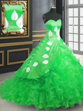 Sweet Lace Up Quinceanera Gown Green for Military Ball and Sweet 16 and Quinceanera with Embroidery and Ruffles Brush Train