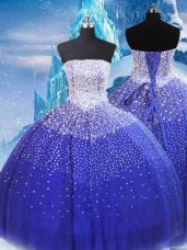 High End Blue Quinceanera Dress Military Ball and Sweet 16 and Quinceanera with Beading Strapless Sleeveless Lace Up