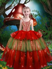 Red Organza Lace Up Straps Sleeveless Floor Length Pageant Gowns For Girls Beading and Ruffled Layers