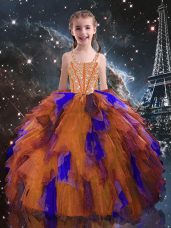 Hot Selling Orange Red Tulle Lace Up Little Girl Pageant Gowns Sleeveless Floor Length Beading and Ruffles
