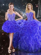 Exquisite Blue Organza Lace Up 15 Quinceanera Dress Sleeveless Floor Length Beading and Ruffles