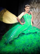 Most Popular Green Lace Up Quinceanera Dresses Embroidery and Ruffles Sleeveless With Brush Train
