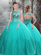 Adorable Floor Length Turquoise Sweet 16 Dress Tulle Sleeveless Beading