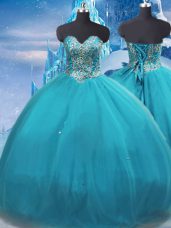Glorious Sleeveless Tulle Floor Length Lace Up Quinceanera Dresses in Teal with Appliques