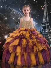 Floor Length Orange Little Girls Pageant Dress Wholesale Tulle Sleeveless Beading and Ruffles