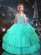 Tulle Straps Sleeveless Lace Up Beading Kids Formal Wear in Turquoise