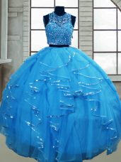 Fantastic Scoop Sleeveless Lace Up Quince Ball Gowns Baby Blue Tulle
