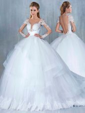 Suitable White Bridal Gown Tulle Court Train Long Sleeves Lace and Appliques and Ruffles