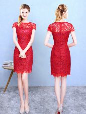 Spectacular Lace Bateau Short Sleeves Zipper Lace Bridesmaids Dress in Red