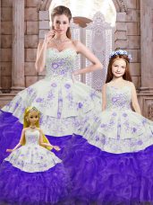 Cute Beading and Appliques and Ruffles 15th Birthday Dress White And Purple Lace Up Sleeveless Floor Length