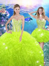 Shining Floor Length Yellow Green Quinceanera Gown Organza Sleeveless Beading and Ruffles