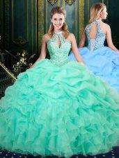 Ideal Sleeveless Organza Floor Length Lace Up Quince Ball Gowns in Apple Green with Beading and Ruffles and Pick Ups