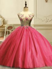 Scoop Sleeveless Tulle Quinceanera Dress Appliques and Sequins Lace Up